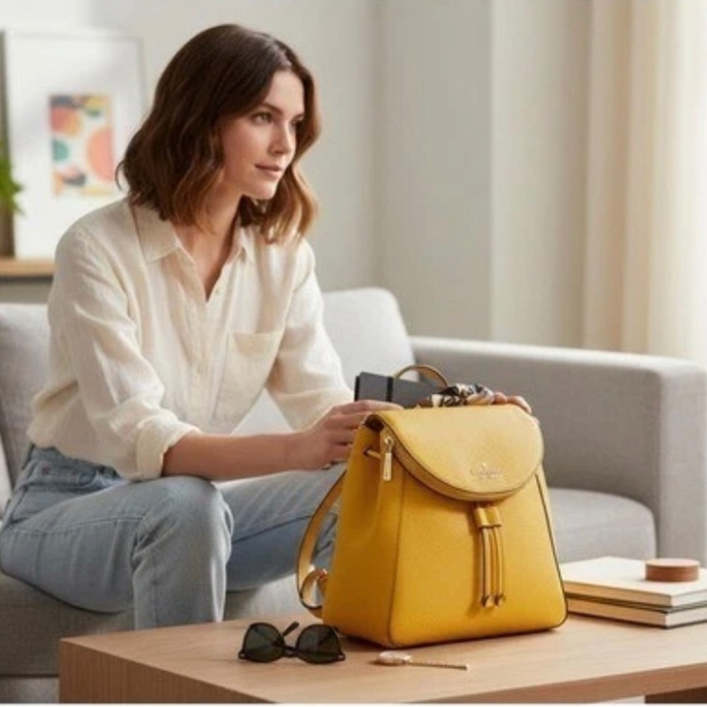 Kate Spade Leila Medium Flap Backpack Sunflower Fields Yellow Pebbled Leather